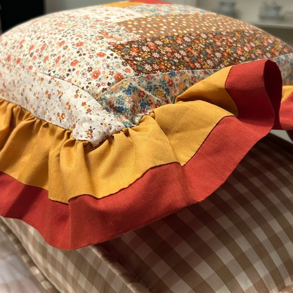 Antique Log Cabin Quilt Pillow Floral Back Terracotta Gold Applecore Aesthetic